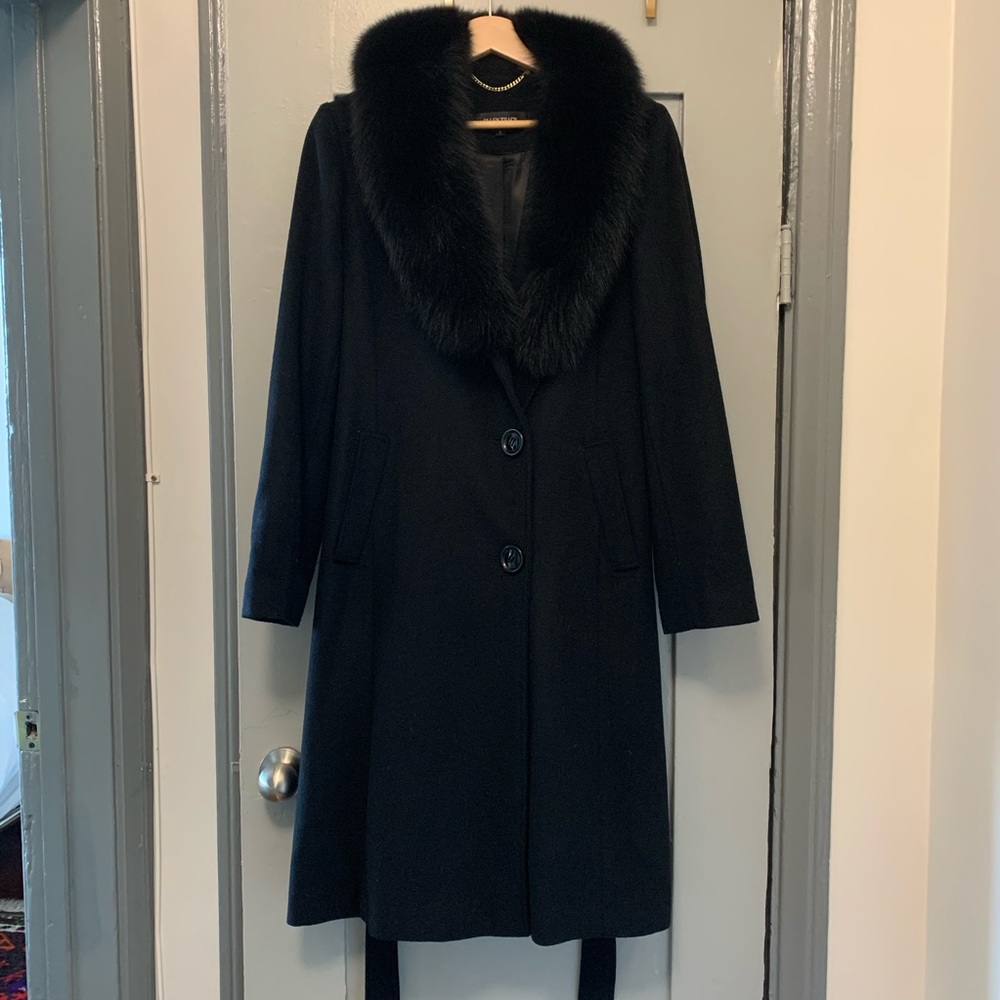 Real fur collar wool coat black, NWOT